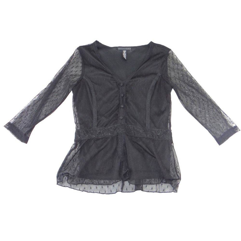 Apostrophe Black Mesh Swiss Dot Lace‎ Trim V-Neck Peplum Blouse Size S